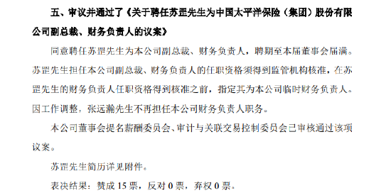 中国太保：同意聘任苏罡为副总裁、财务负责人-第1张图片-第一财经